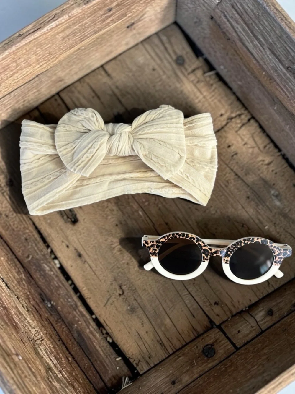 Kids Cream Bow Headband - And Leopard Retro Style prints Sunglasses Set